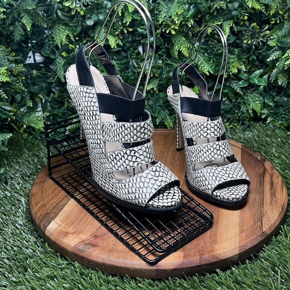 NINE WEST Heels‎ Women 9 Black White Snake Print Open Toe Sling back 2108 - Picture 8 of 13